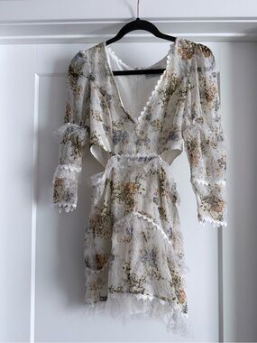Floral Lace-Trim White Mini Wrap Dress